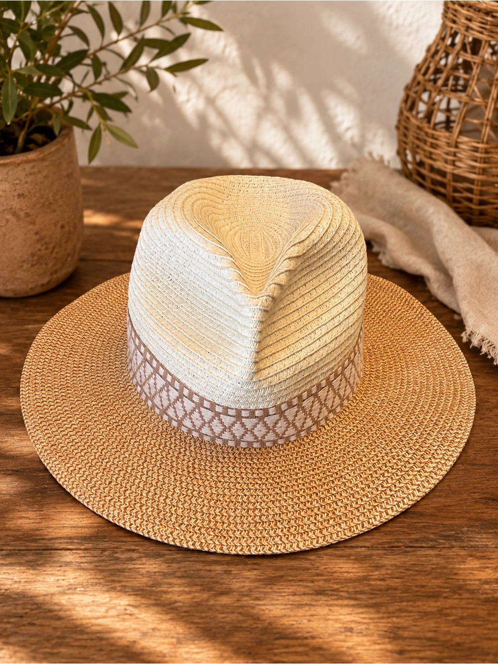 Reitmans Two-Tone Straw Fedora Hat in Cream and Tan with detailed print on strap